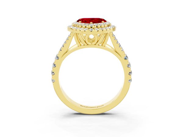 Yellow gold Double Halo Heart Cut Ruby Pavé Split Shank Ring with Prong Setting
