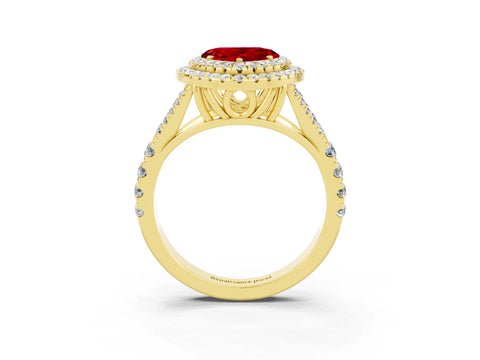 Yellow gold Double Halo Heart Cut Ruby Pavé Split Shank Ring with Prong Setting_3