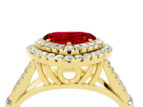Yellow gold Double Halo Heart Cut Ruby Pavé Split Shank Ring with Prong Setting_4