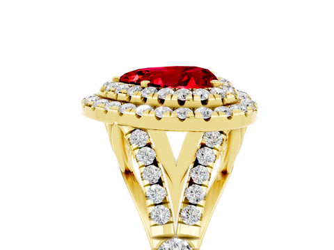 Yellow gold Double Halo Heart Cut Ruby Pavé Split Shank Ring with Prong Setting_5