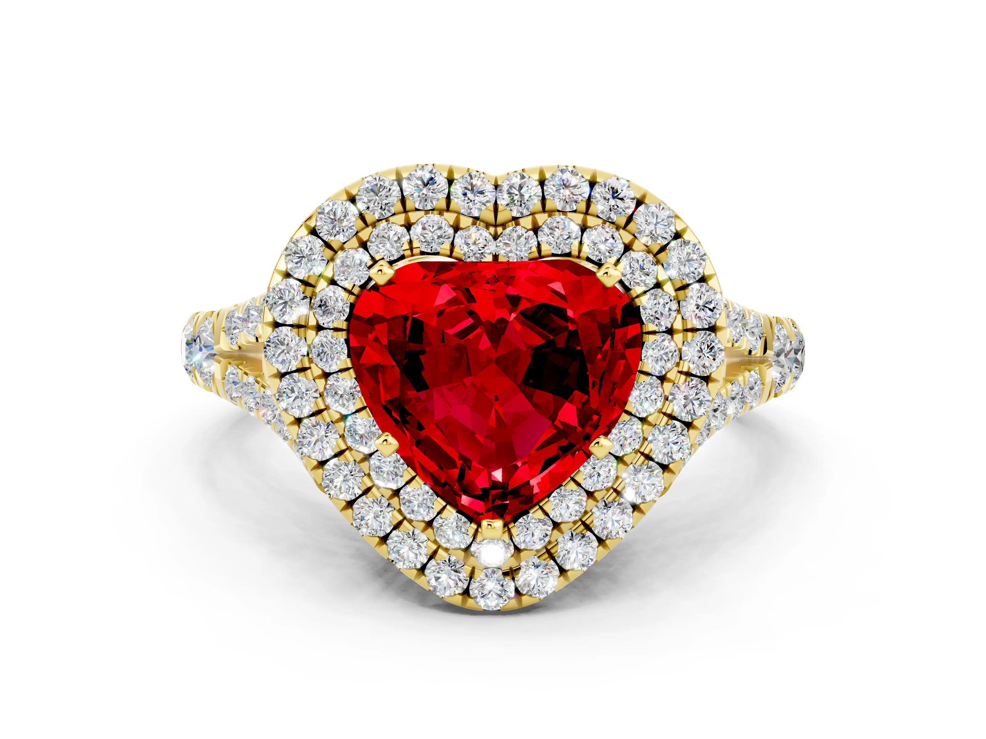 Yellow gold Double Halo Heart Cut Ruby Split Shank Engagement Ring with Four-Prong Setting