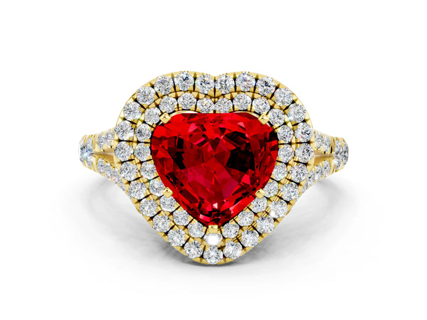 Yellow gold Double Halo Heart Cut Ruby Split Shank Engagement Ring with Four-Prong Setting