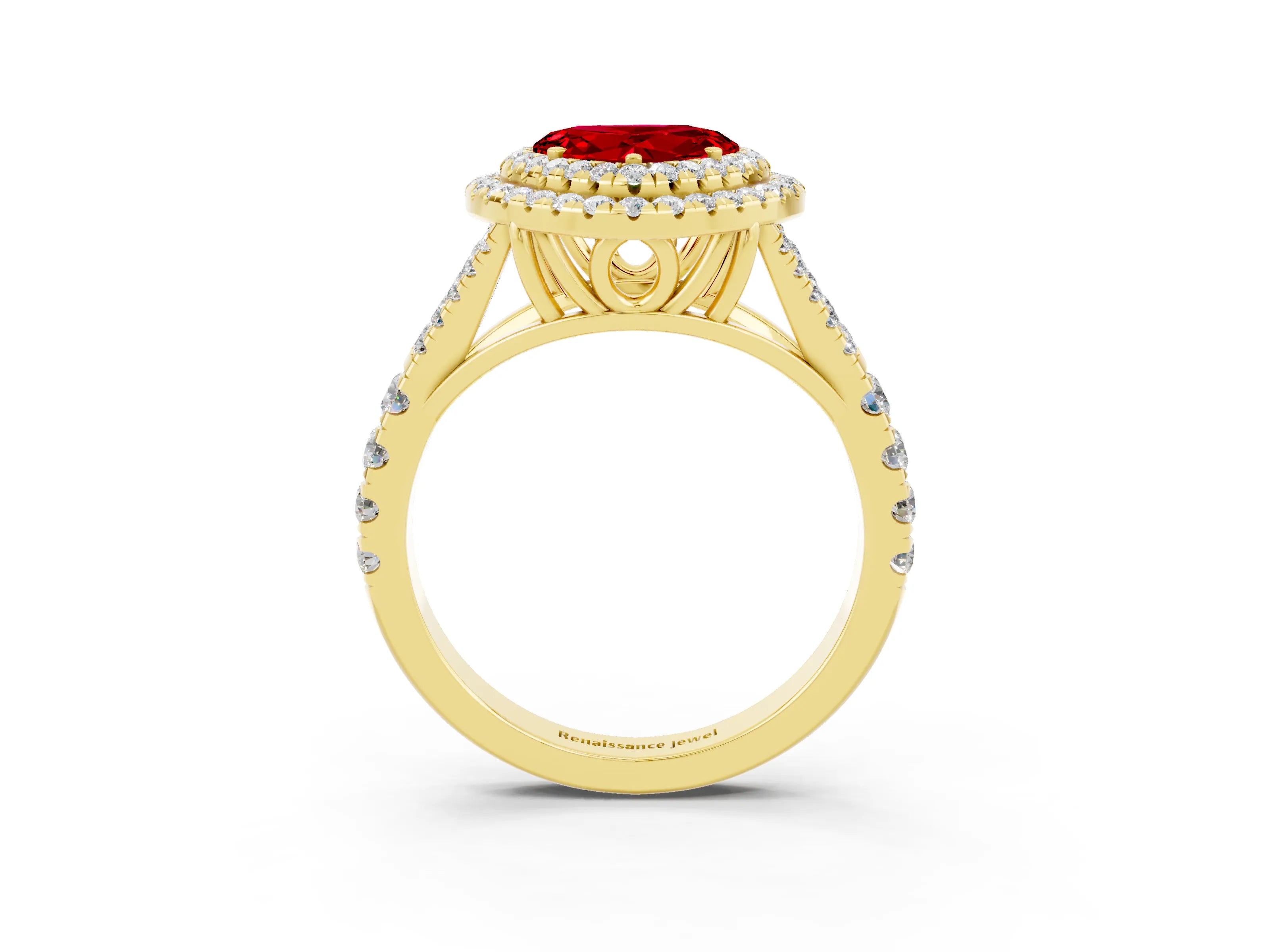 Yellow gold Double Halo Heart Cut Ruby Split Shank Engagement Ring with Four-Prong Setting_3