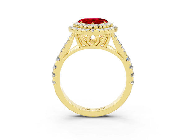 Yellow gold Double Halo Heart Cut Ruby Split Shank Engagement Ring with Four-Prong Setting