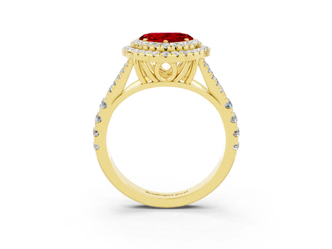 Yellow gold Double Halo Heart Cut Ruby Split Shank Engagement Ring with Four-Prong Setting_3