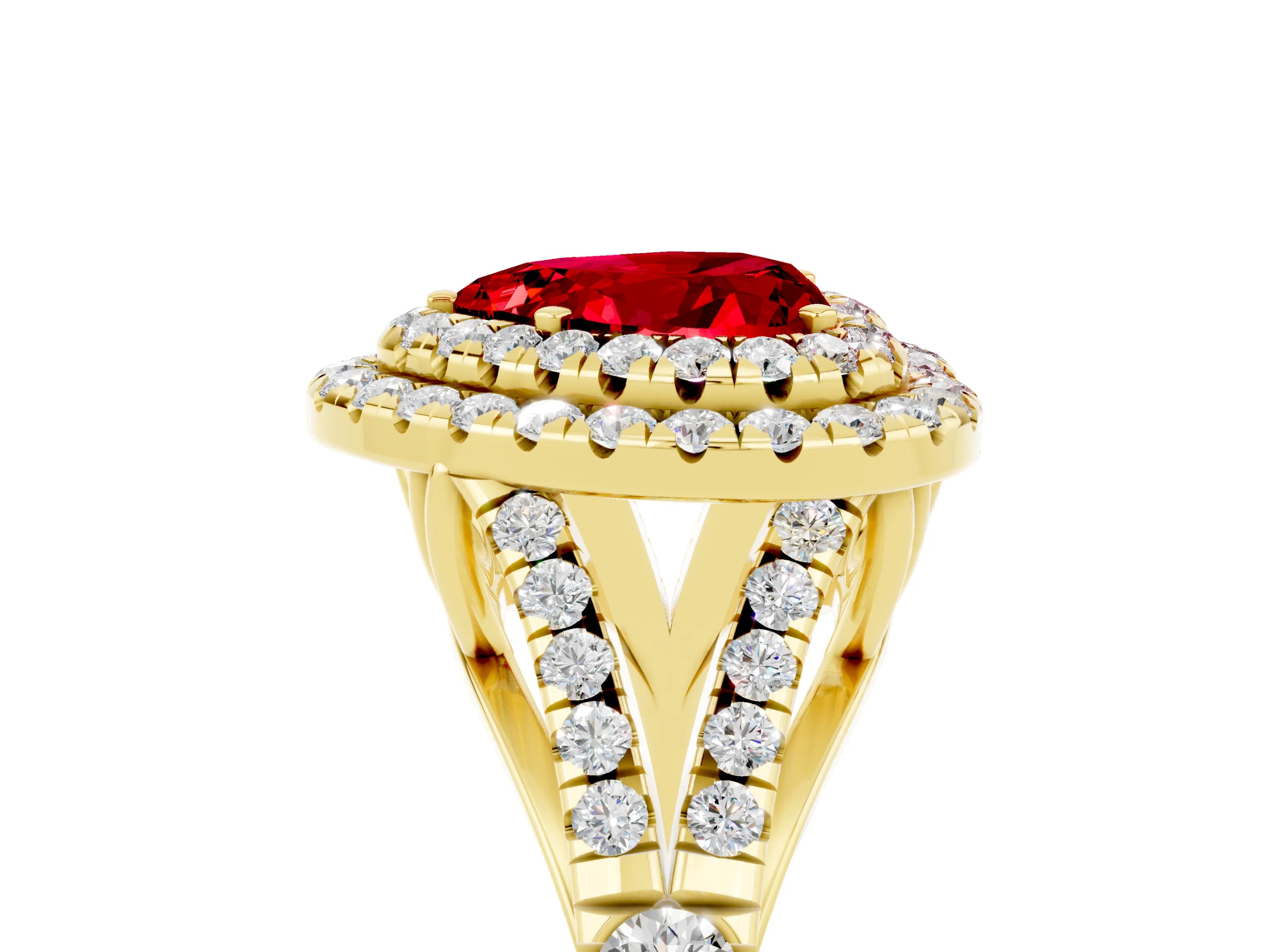 Yellow gold Double Halo Heart Cut Ruby Split Shank Engagement Ring with Four-Prong Setting_5