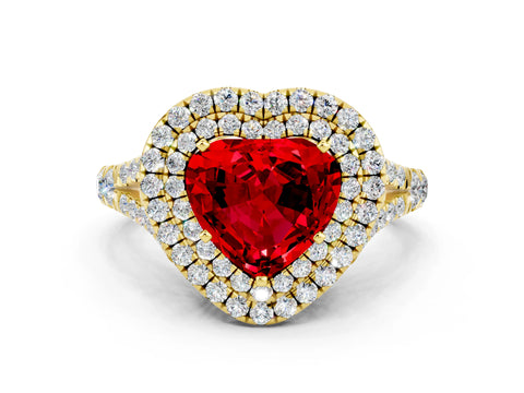 Yellow gold Double Halo Heart Cut Ruby Split Shank Engagement Ring with Four-Prong Setting