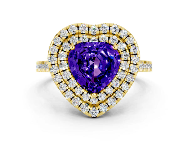 Yellow gold Double Halo Heart Cut Tanzanite Pavé Band with Four-Prong Setting