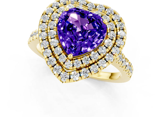 Yellow gold Double Halo Heart Cut Tanzanite Pavé Band with Four-Prong Setting