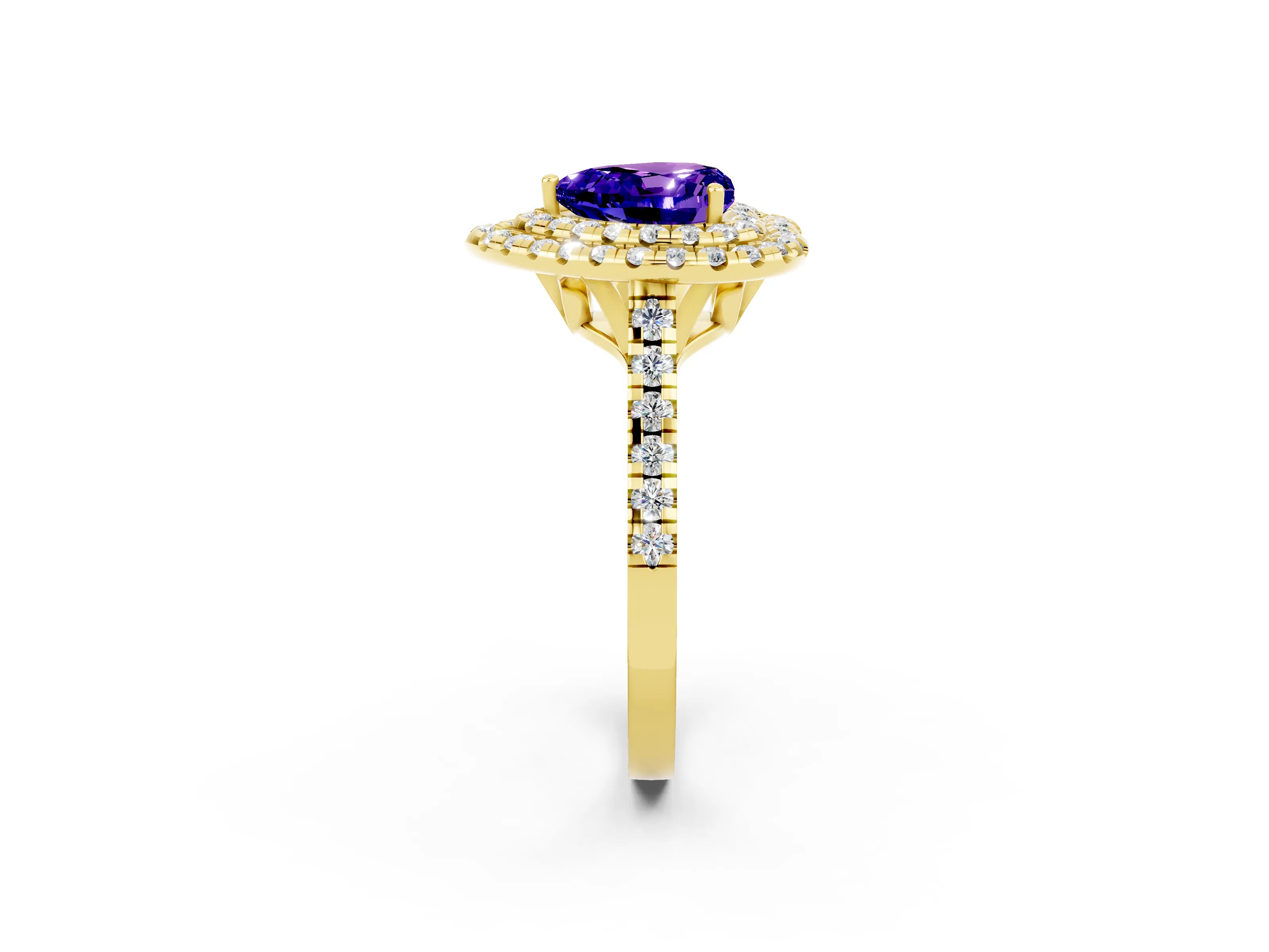 Yellow gold Double Halo Heart Cut Tanzanite Pavé Band with Four-Prong Setting_2