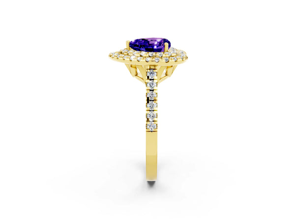 Yellow gold Double Halo Heart Cut Tanzanite Pavé Band with Four-Prong Setting
