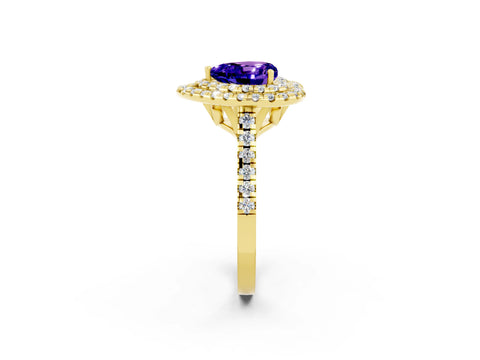 Yellow gold Double Halo Heart Cut Tanzanite Pavé Band with Four-Prong Setting_2