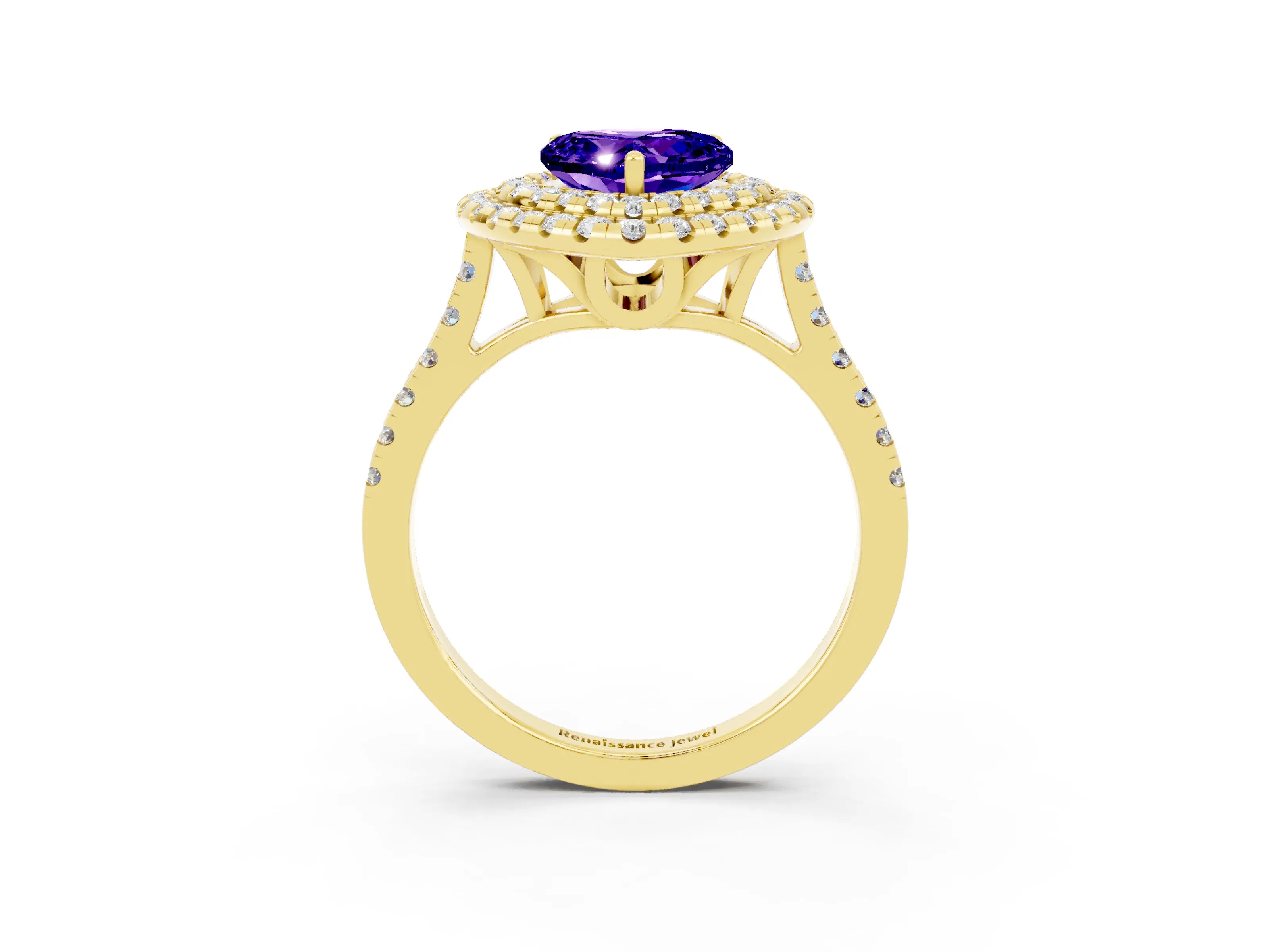Yellow gold Double Halo Heart Cut Tanzanite Pavé Band with Four-Prong Setting_3