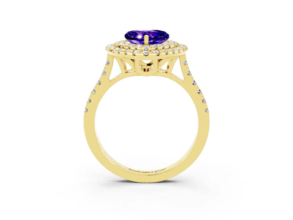 Yellow gold Double Halo Heart Cut Tanzanite Pavé Band with Four-Prong Setting