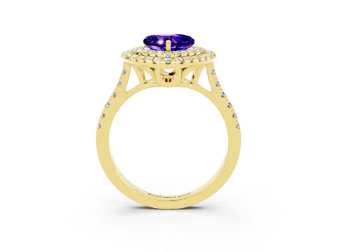 Yellow gold Double Halo Heart Cut Tanzanite Pavé Band with Four-Prong Setting_3