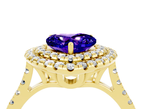 Yellow gold Double Halo Heart Cut Tanzanite Pavé Band with Four-Prong Setting_4