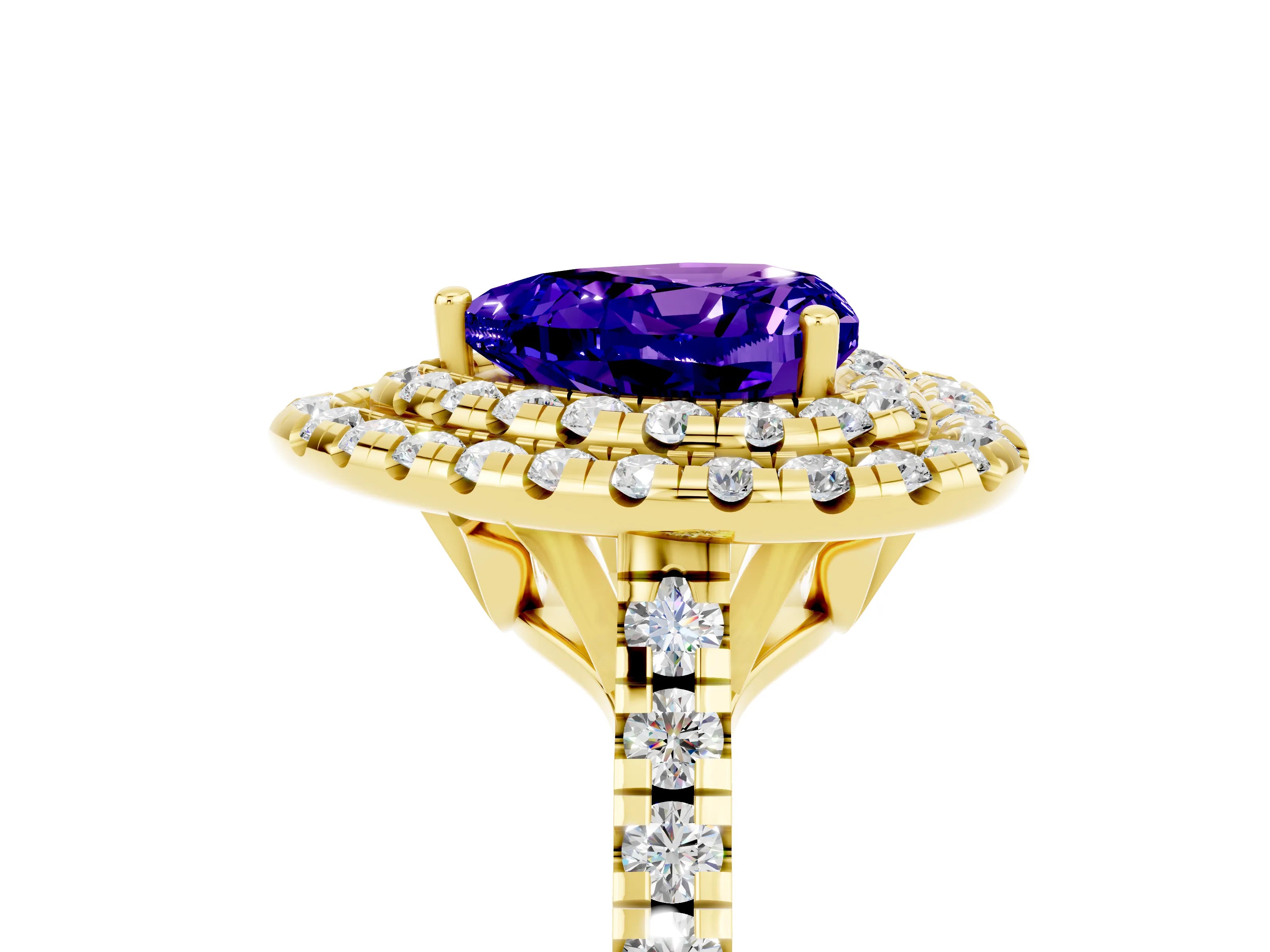 Yellow gold Double Halo Heart Cut Tanzanite Pavé Band with Four-Prong Setting_5