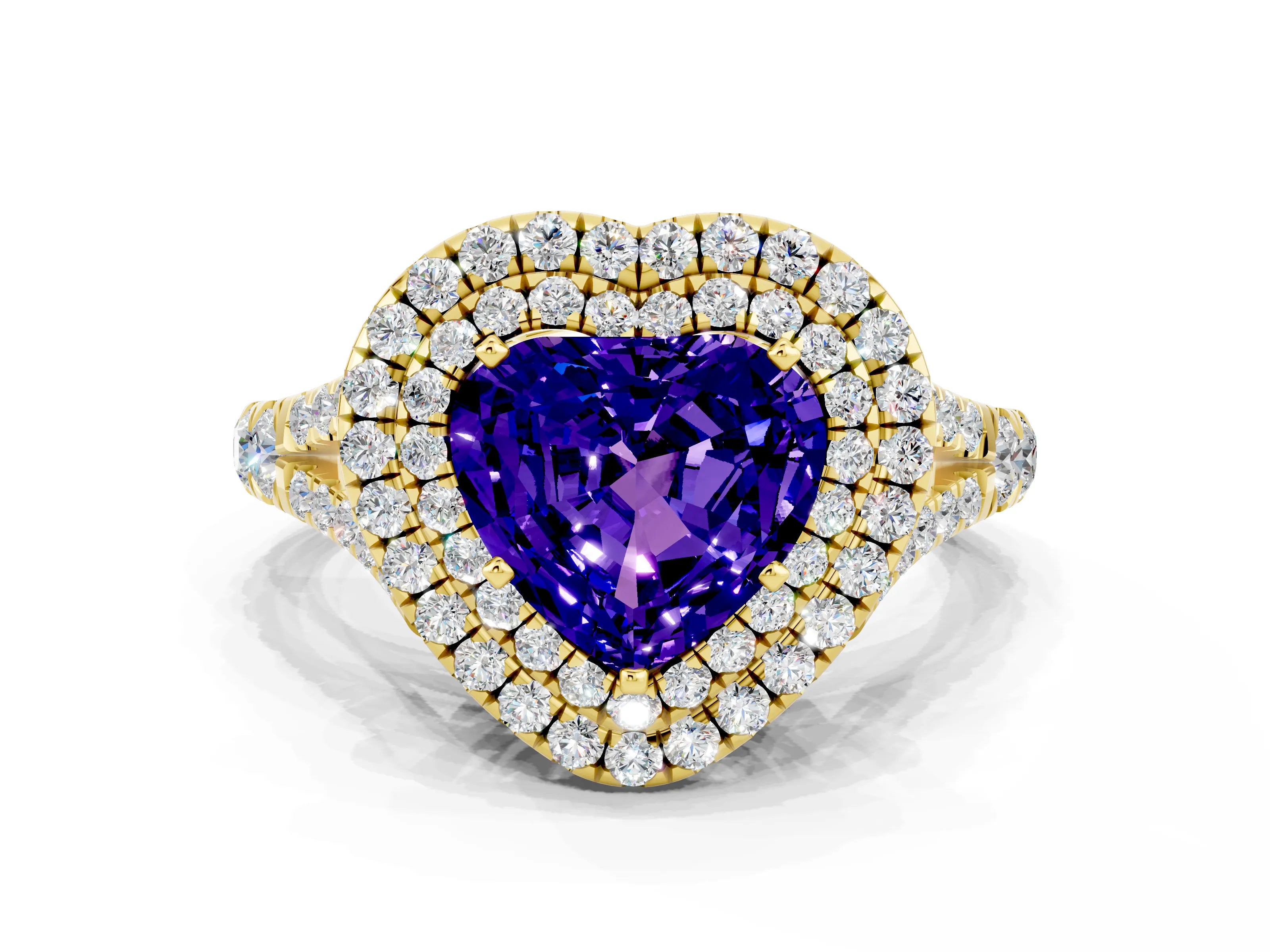 Yellow gold Double Halo Heart Cut Tanzanite Pavé Split Shank Ring with Prong Setting