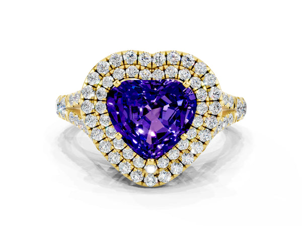 Yellow gold Double Halo Heart Cut Tanzanite Pavé Split Shank Ring with Prong Setting