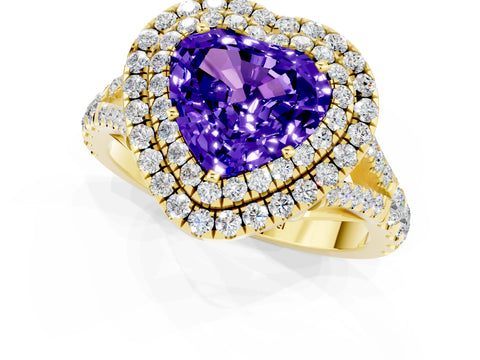 Yellow gold Double Halo Heart Cut Tanzanite Pavé Split Shank Ring with Prong Setting_1