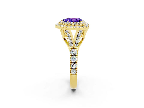 Yellow gold Double Halo Heart Cut Tanzanite Pavé Split Shank Ring with Prong Setting_2