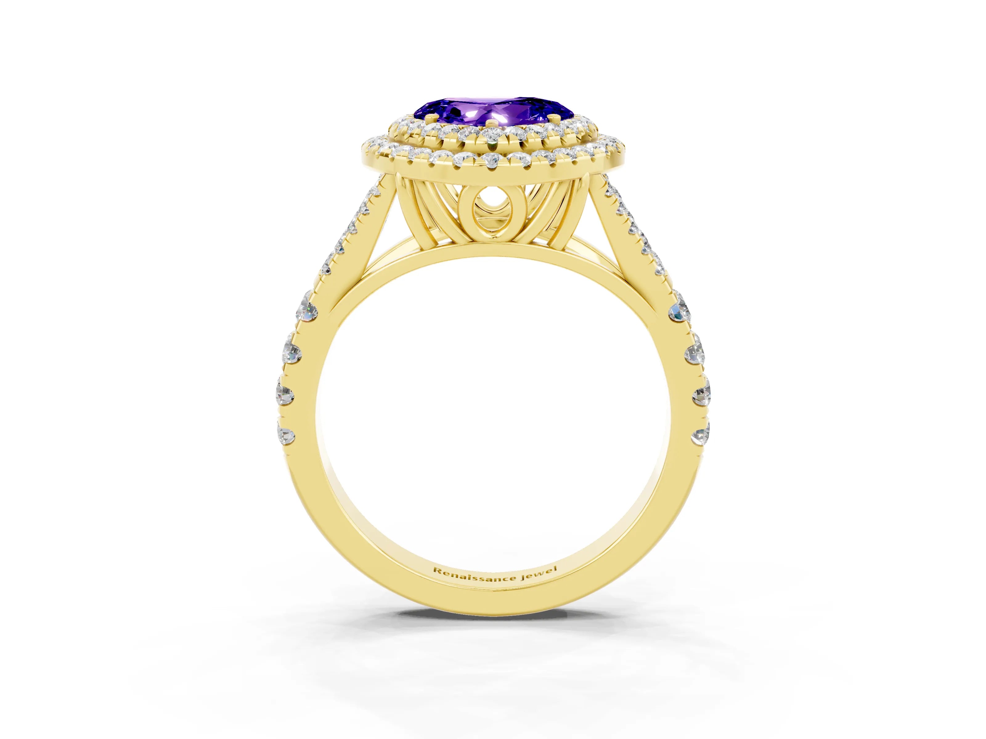 Yellow gold Double Halo Heart Cut Tanzanite Pavé Split Shank Ring with Prong Setting_3