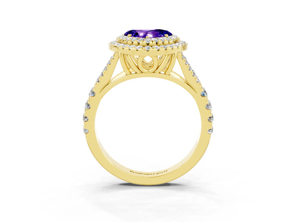 Yellow gold Double Halo Heart Cut Tanzanite Pavé Split Shank Ring with Prong Setting