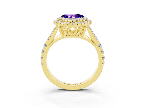 Yellow gold Double Halo Heart Cut Tanzanite Pavé Split Shank Ring with Prong Setting_3