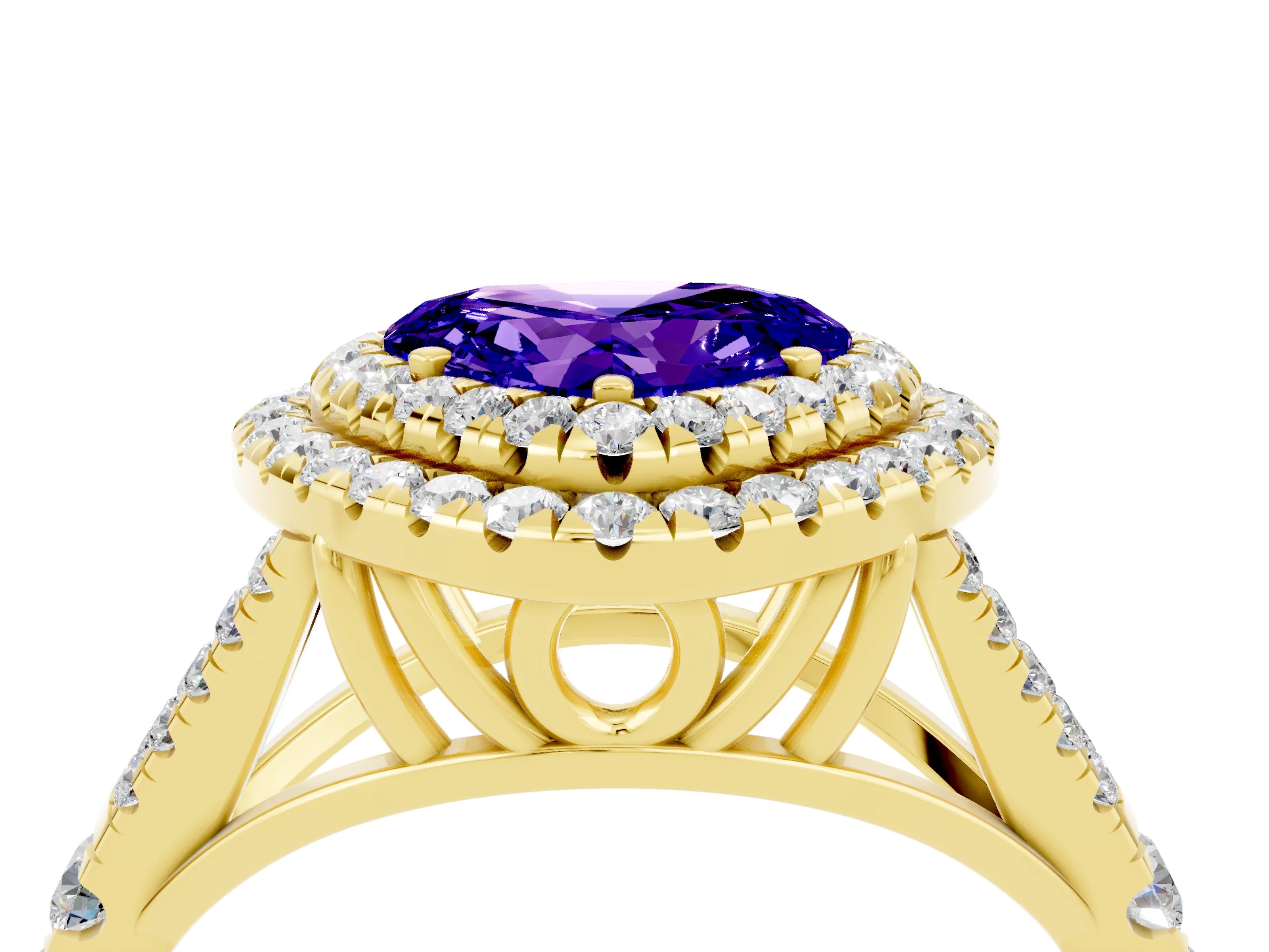 Yellow gold Double Halo Heart Cut Tanzanite Pavé Split Shank Ring with Prong Setting_4
