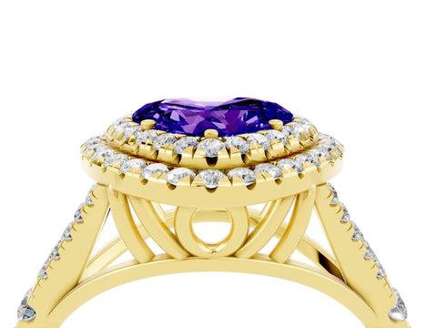 Yellow gold Double Halo Heart Cut Tanzanite Pavé Split Shank Ring with Prong Setting_4