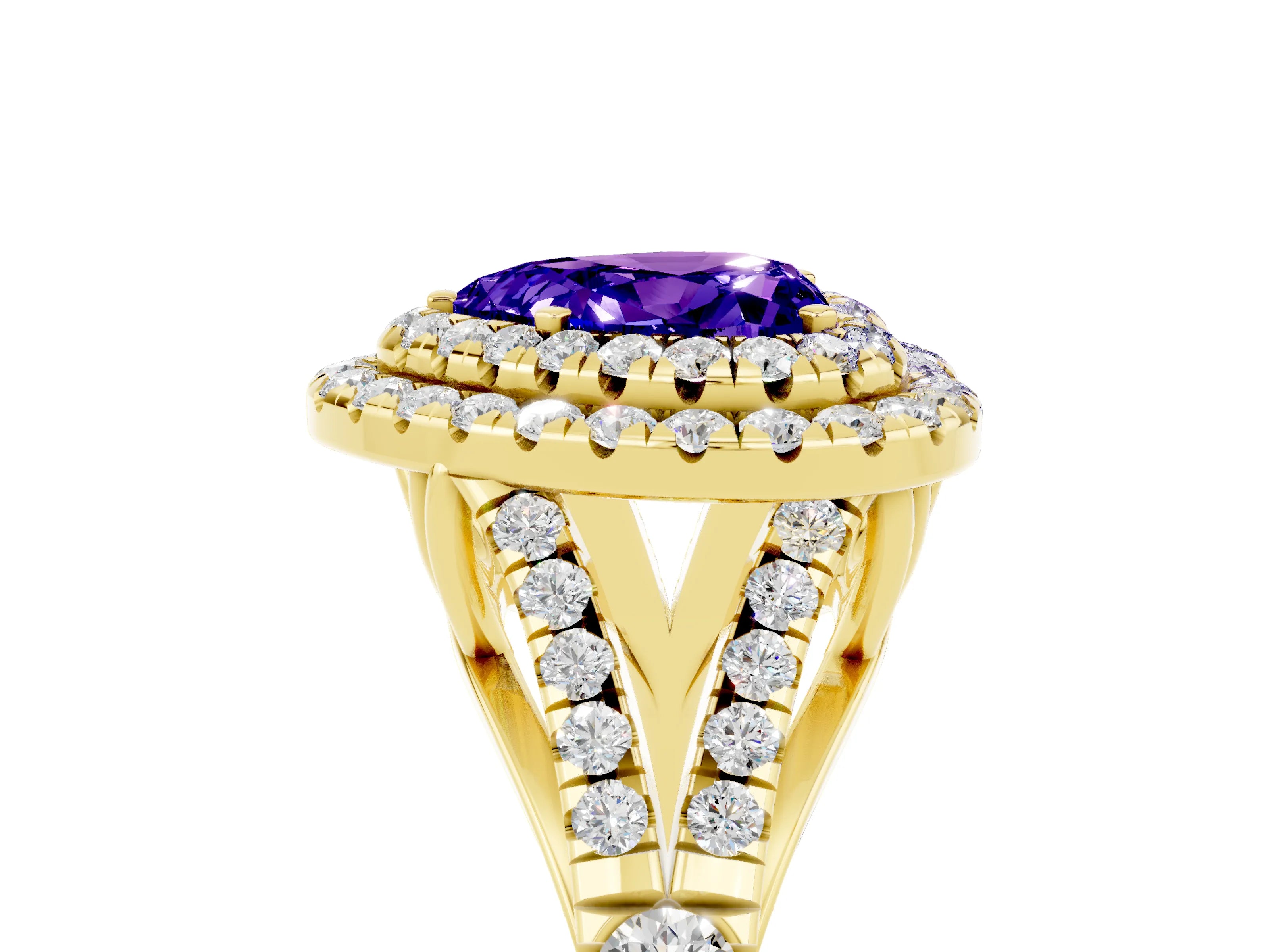 Yellow gold Double Halo Heart Cut Tanzanite Pavé Split Shank Ring with Prong Setting_5