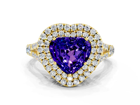 Yellow gold Double Halo Heart Cut Tanzanite Pavé Split Shank Ring with Prong Setting
