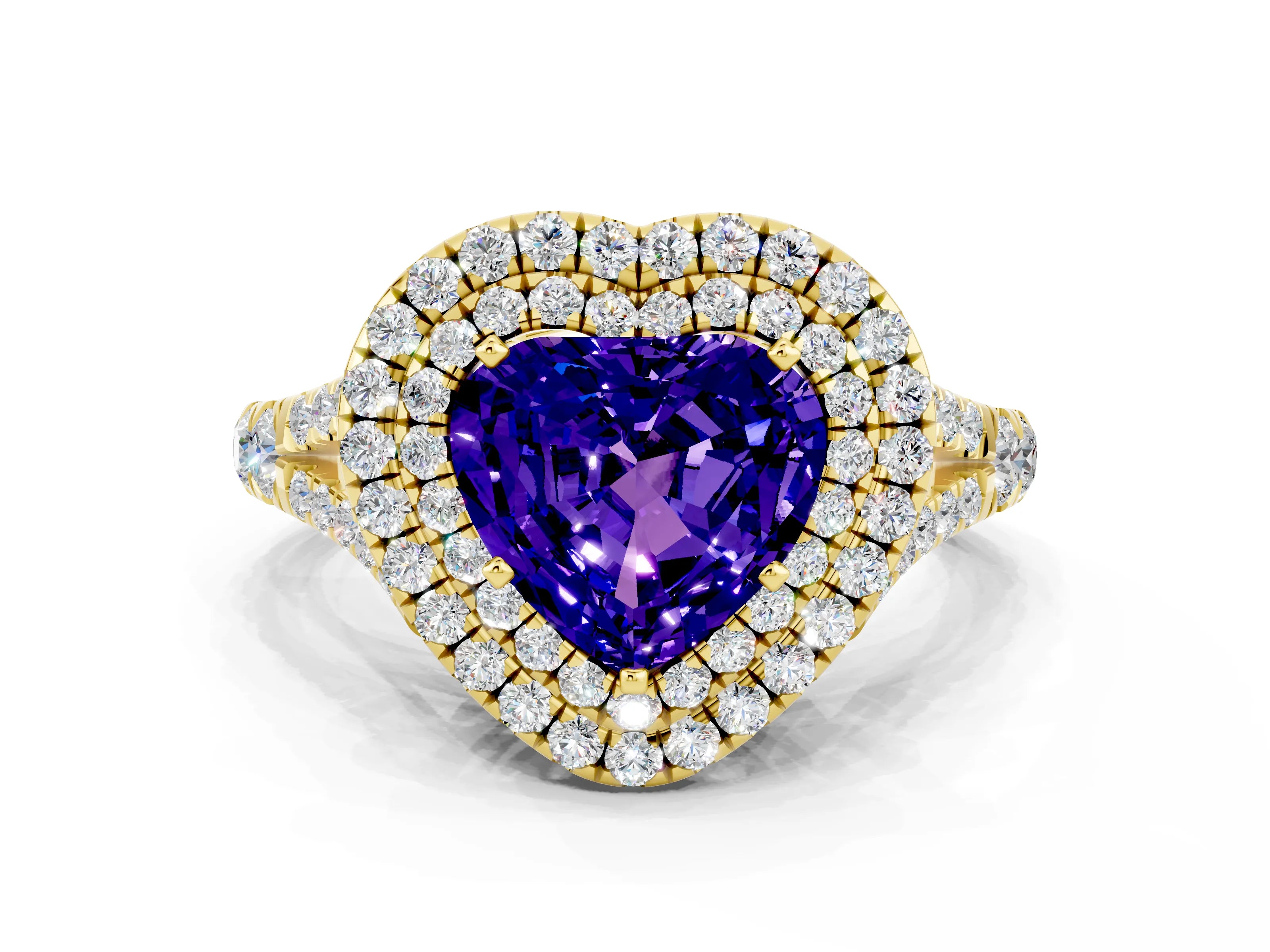 Yellow gold Double Halo Heart Cut Tanzanite Split Shank Engagement Ring with Four-Prong Setting
