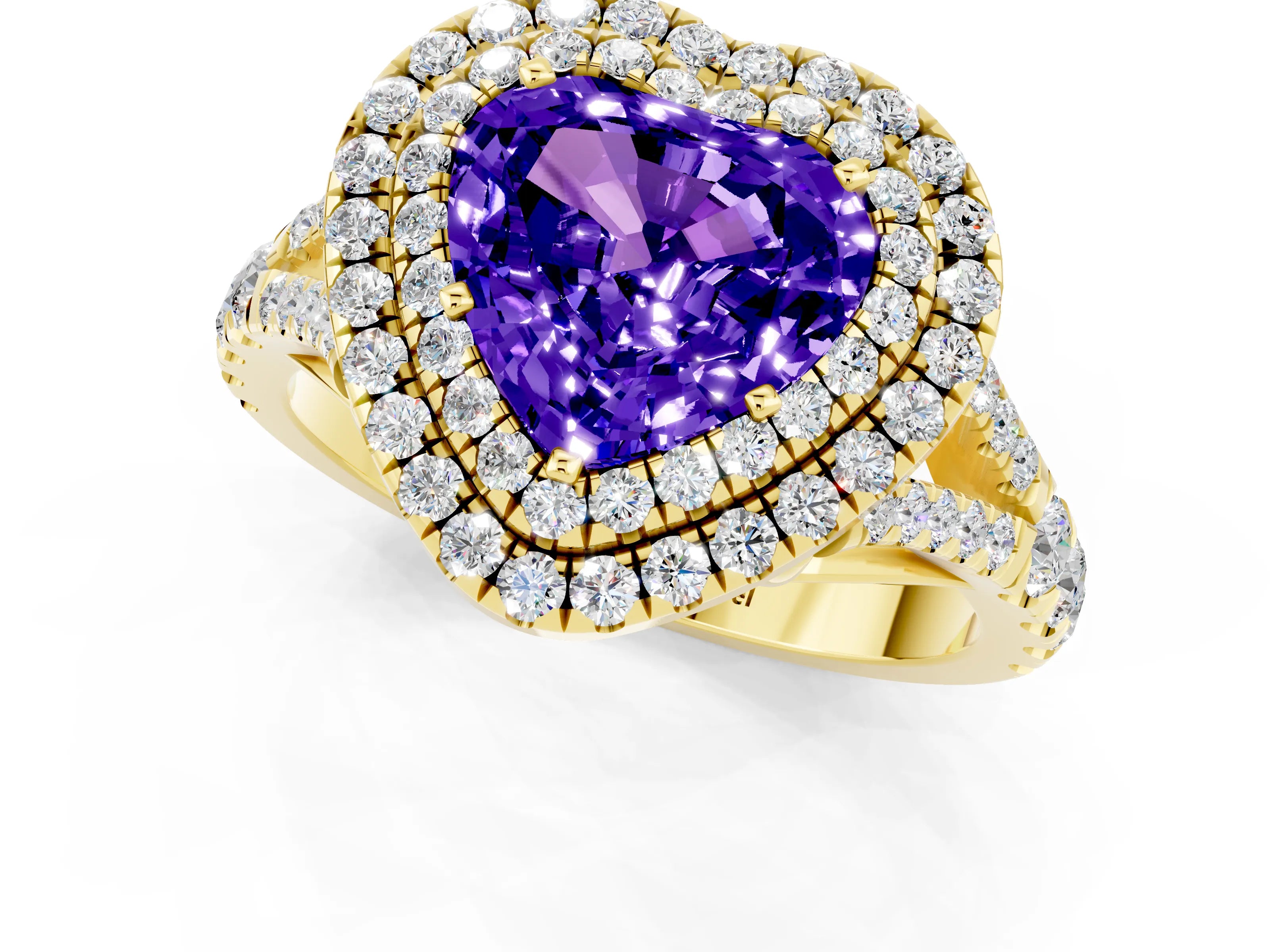 Yellow gold Double Halo Heart Cut Tanzanite Split Shank Engagement Ring with Four-Prong Setting_1
