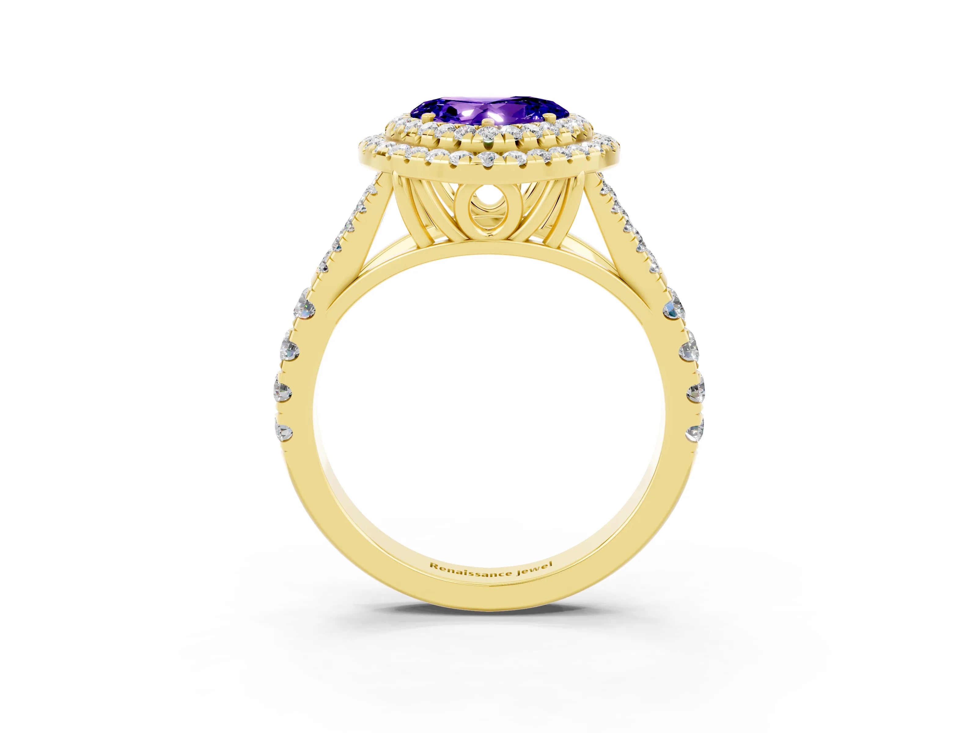 Yellow gold Double Halo Heart Cut Tanzanite Split Shank Engagement Ring with Four-Prong Setting_3