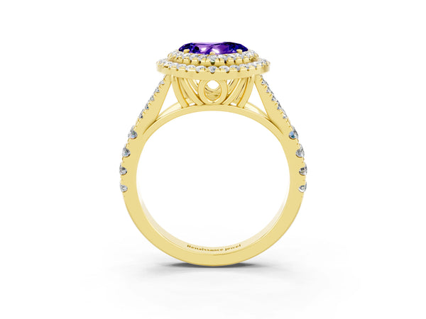 Yellow gold Double Halo Heart Cut Tanzanite Split Shank Engagement Ring with Four-Prong Setting