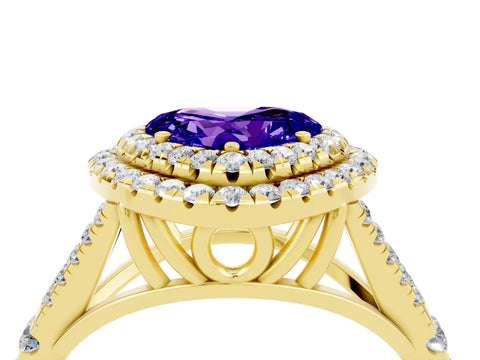Yellow gold Double Halo Heart Cut Tanzanite Split Shank Engagement Ring with Four-Prong Setting_4