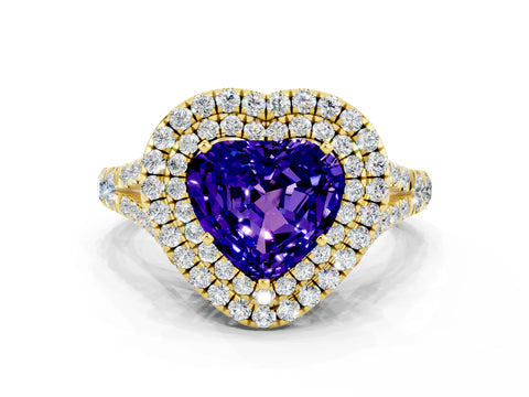 Yellow gold Double Halo Heart Cut Tanzanite Split Shank Engagement Ring with Four-Prong Setting