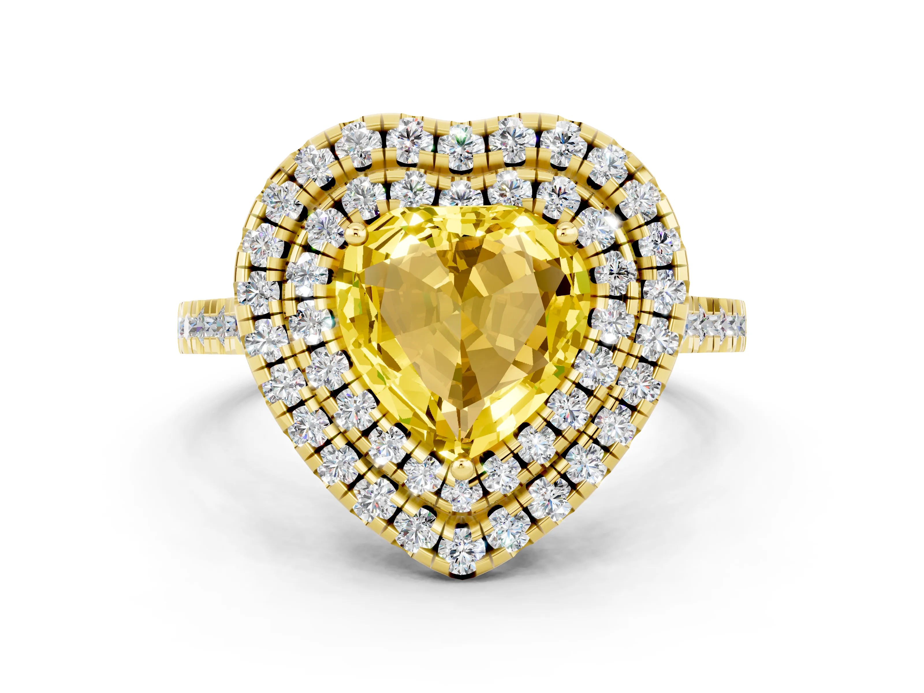 Yellow gold Double Halo Heart Cut Yellow Sapphire Pavé Band with Four-Prong Setting_24
