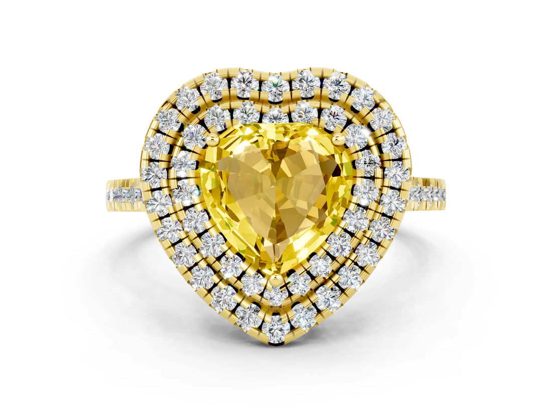 Yellow gold Double Halo Heart Cut Yellow Sapphire Pavé Band with Four-Prong Setting_24