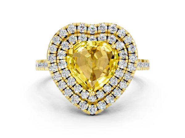 Yellow gold Double Halo Heart Cut Yellow Sapphire Pavé Band with Four-Prong Setting