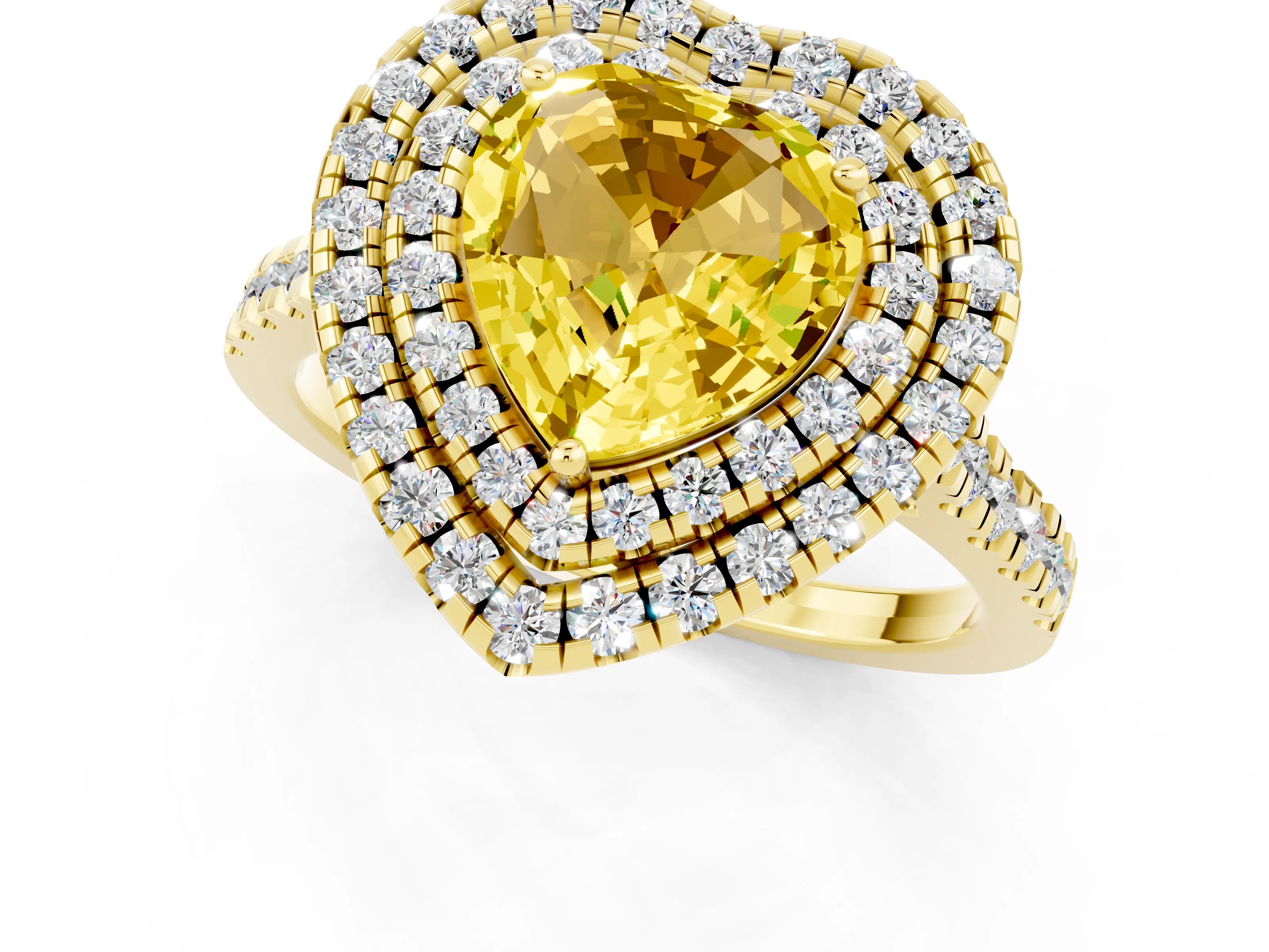 Yellow gold Double Halo Heart Cut Yellow Sapphire Pavé Band with Four-Prong Setting_25