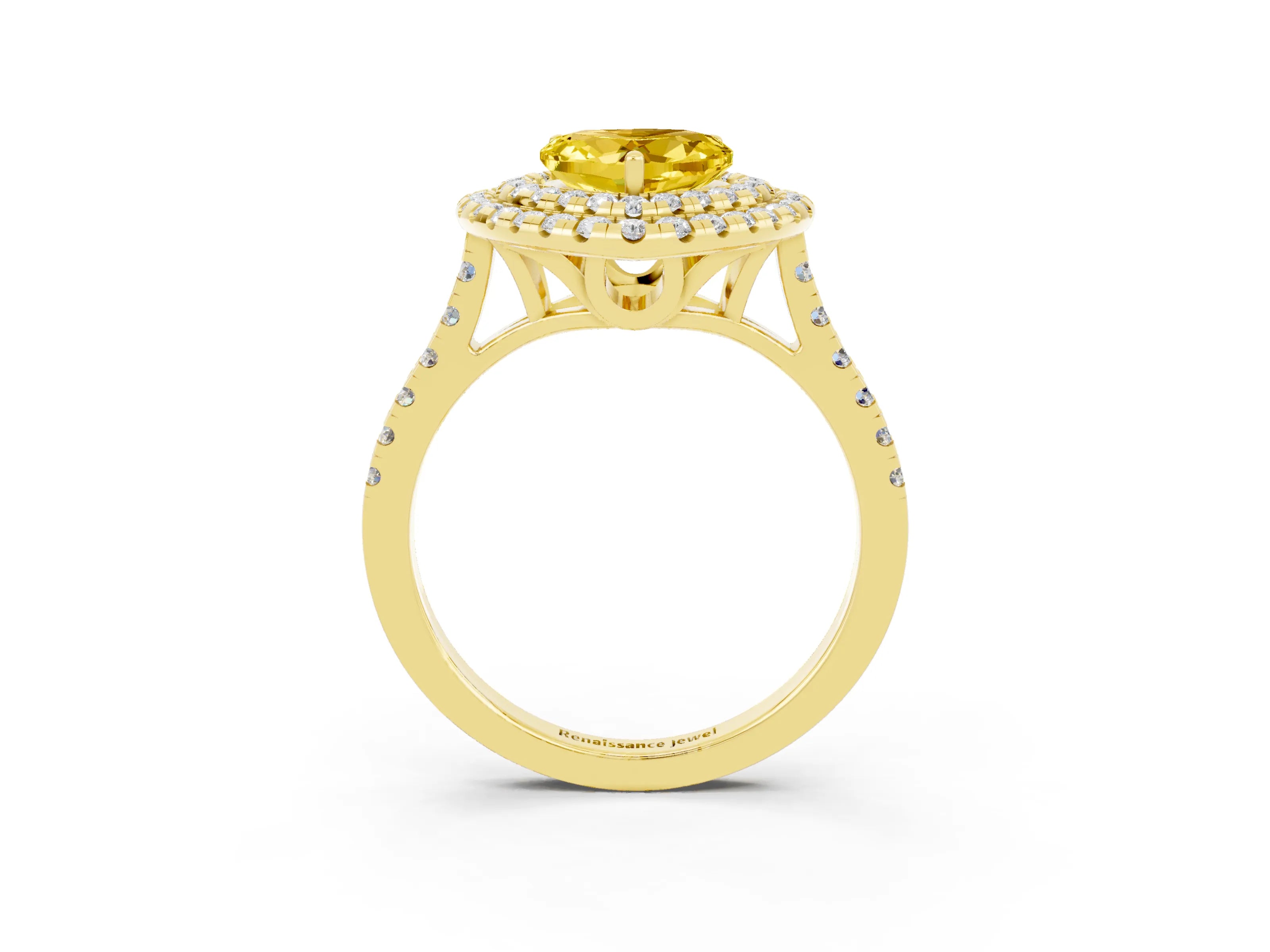Yellow gold Double Halo Heart Cut Yellow Sapphire Pavé Band with Four-Prong Setting_27