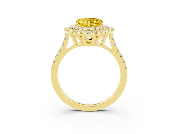 Yellow gold Double Halo Heart Cut Yellow Sapphire Pavé Band with Four-Prong Setting