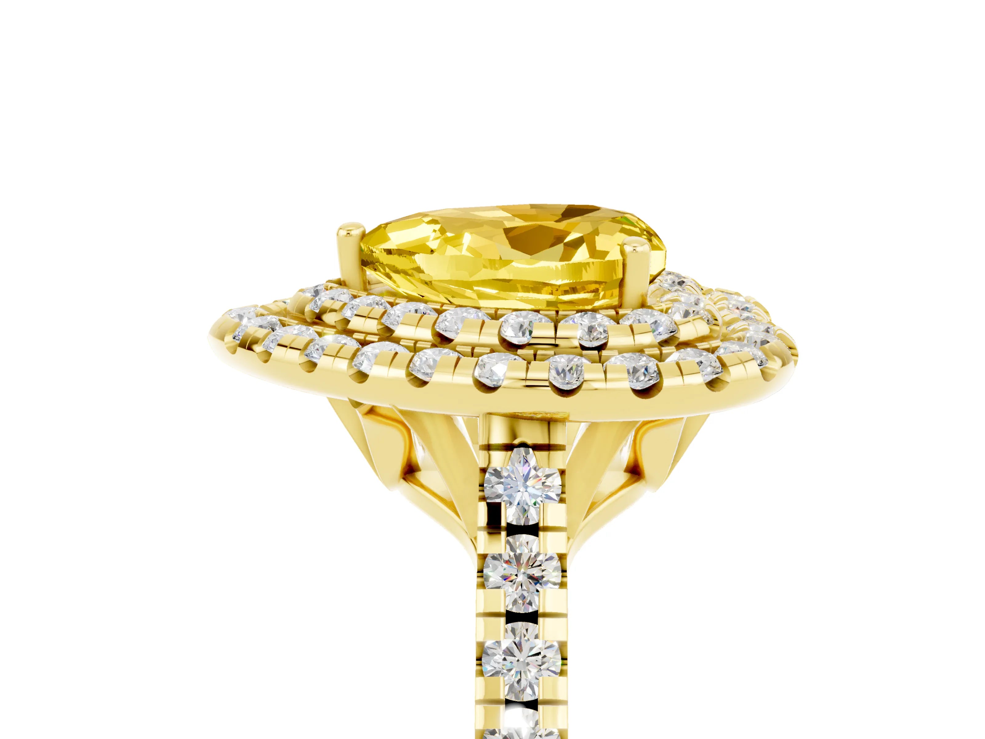Yellow gold Double Halo Heart Cut Yellow Sapphire Pavé Band with Four-Prong Setting_29