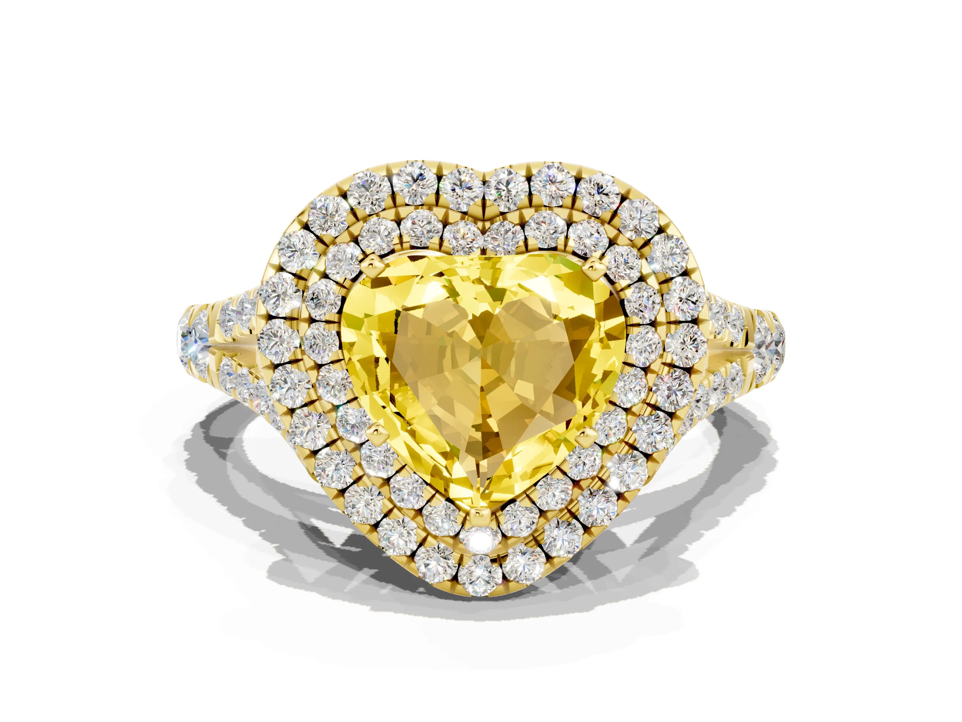 Yellow gold Double Halo Heart Cut Yellow Sapphire Pavé Split Shank Ring with Prong Setting