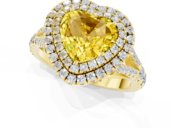 Yellow gold Double Halo Heart Cut Yellow Sapphire Pavé Split Shank Ring with Prong Setting