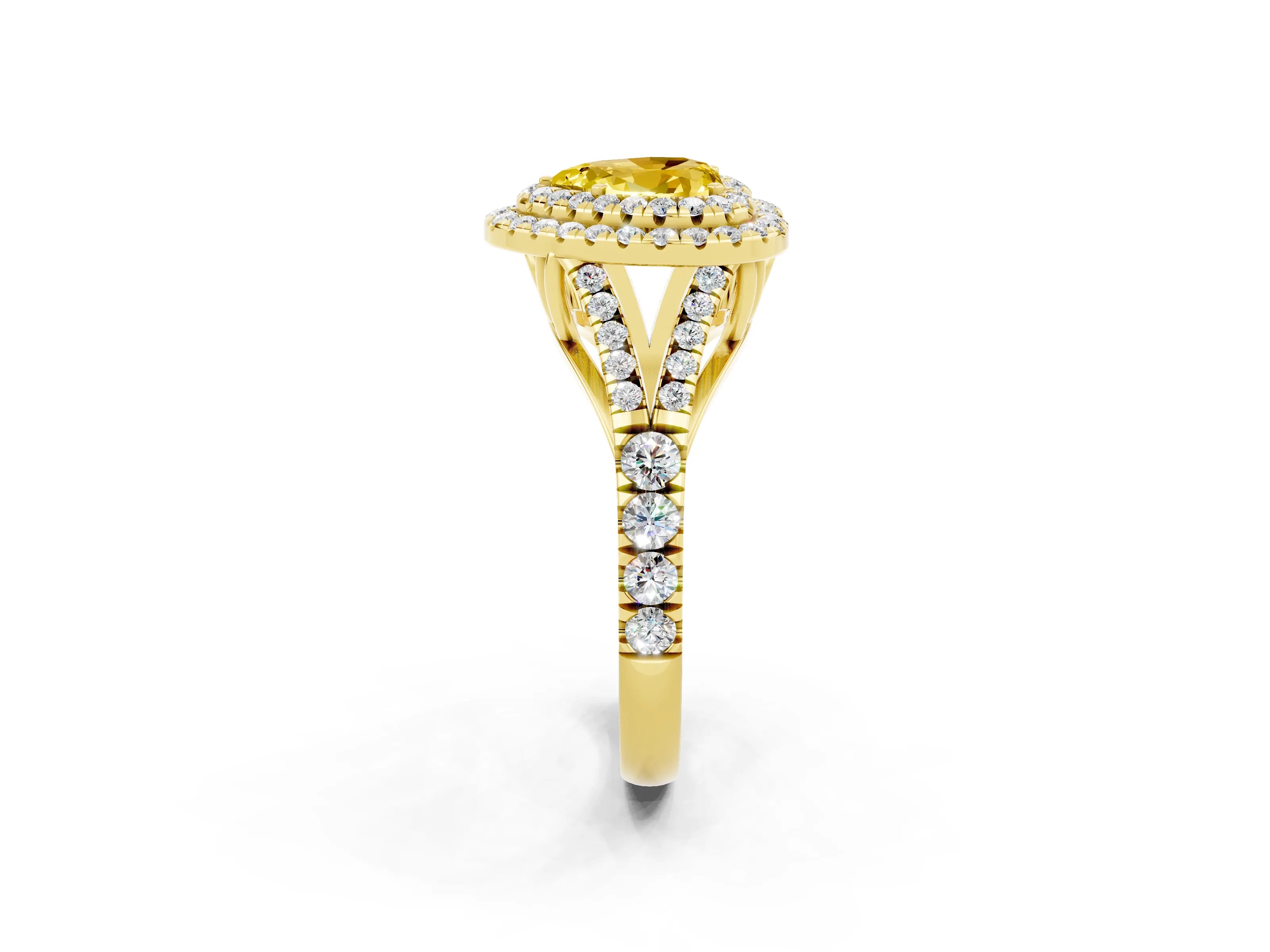 Yellow gold Double Halo Heart Cut Yellow Sapphire Pavé Split Shank Ring with Prong Setting_2