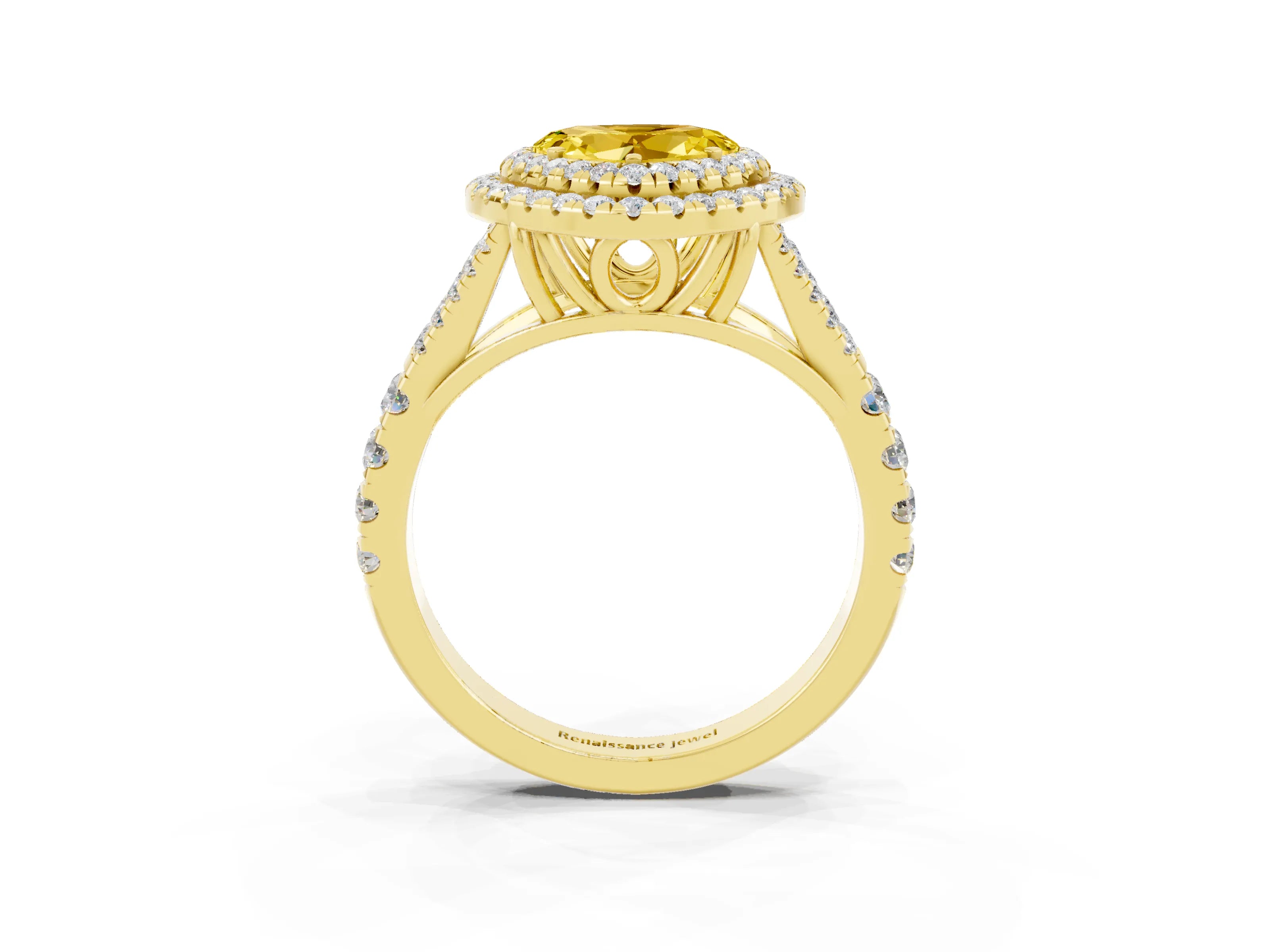 Yellow gold Double Halo Heart Cut Yellow Sapphire Pavé Split Shank Ring with Prong Setting_3