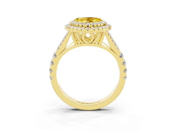 Yellow gold Double Halo Heart Cut Yellow Sapphire Pavé Split Shank Ring with Prong Setting